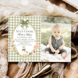 Invitación Silly Goose Floral Green Gingham Birthday Photo
