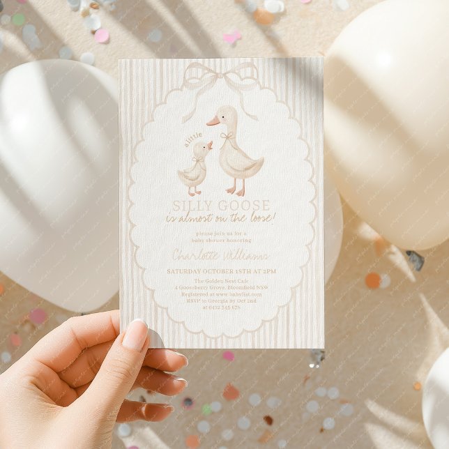 Invitación Silly Goose Gender Neutral Beige Baby Shower (Gender Neutral Baby Shower Invitation with Geese, Beige Stripes and bow)