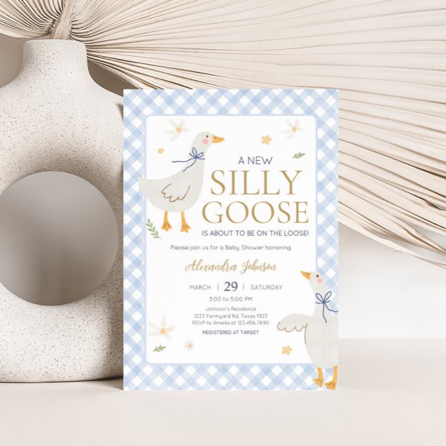 Invitación Silly Goose Gingham Baby Shower (Blue Gingham Silly Goose Baby Shower Invitation)
