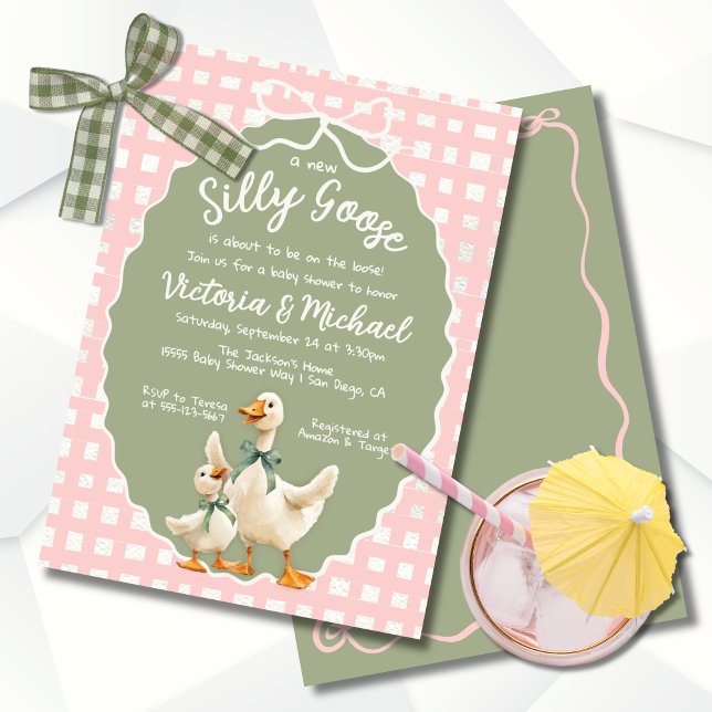 Invitación Silly Goose Gingham Bow Baby Shower (Subido por el creador)