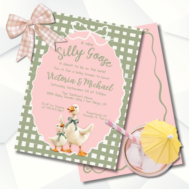 Invitación Silly Goose Gingham Bow Baby Shower (Subido por el creador)