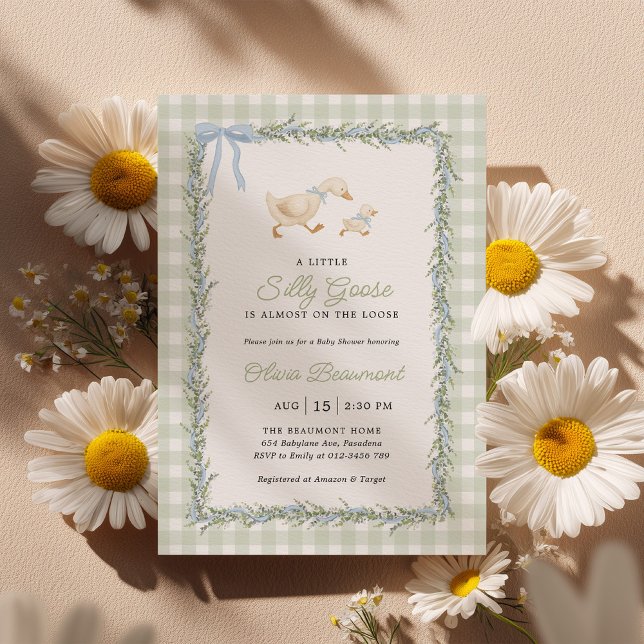 Invitación Silly Goose Green Gingham Baby Shower Invitation (Subido por el creador)