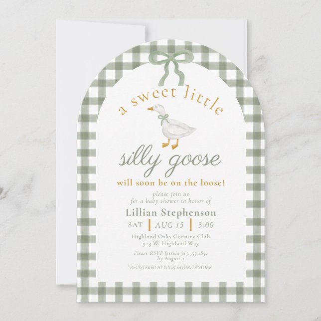Invitación Silly Goose Green Gingham Bow Baby Shower Arch (Anverso)