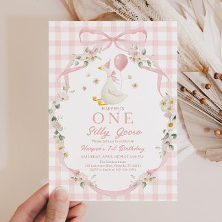 Invitación Silly Goose Invitation: 1st Birthday, Pink Floral 