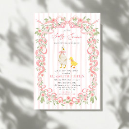 Invitación  Silly Goose Pink Bow Floral QR Code Baby Shower 