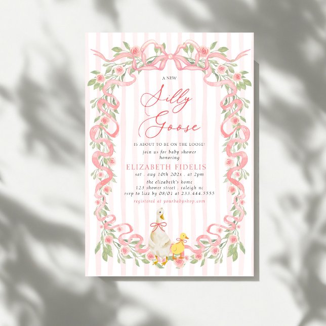 Invitación  Silly Goose  Pink Bow Floral Roses Baby Shower (Subido por el creador)