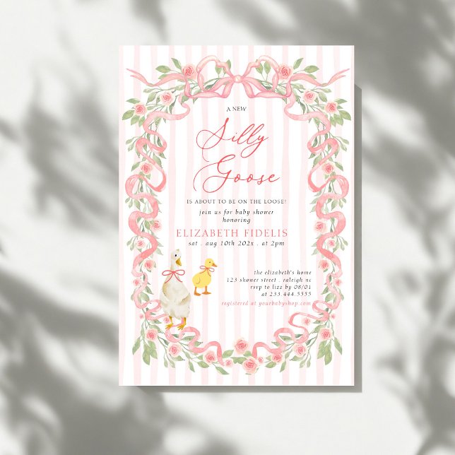 Invitación  Silly Goose  Pink Bow Floral Roses Baby Shower (Subido por el creador)