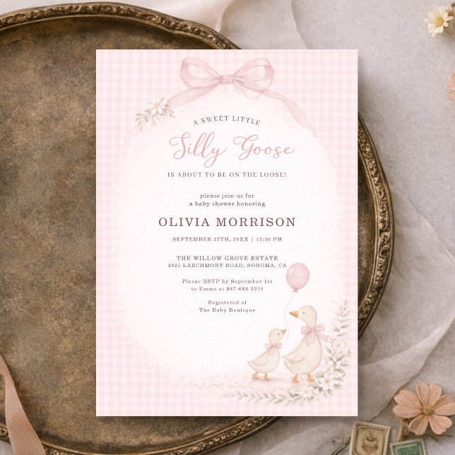 Invitación Silly Goose Pink Gingham Baby Shower (Subido por el creador)