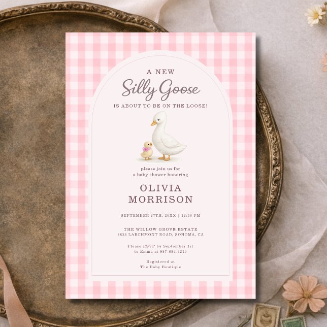 Invitación Silly Goose Pink Gingham Baby Shower (Subido por el creador)
