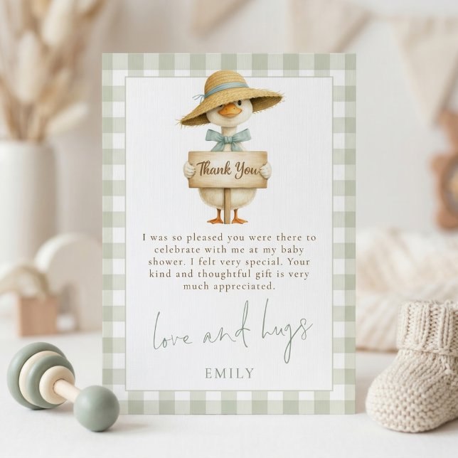 Invitación Silly Goose Sage Gingham Baby Shower Thank You (Subido por el creador)