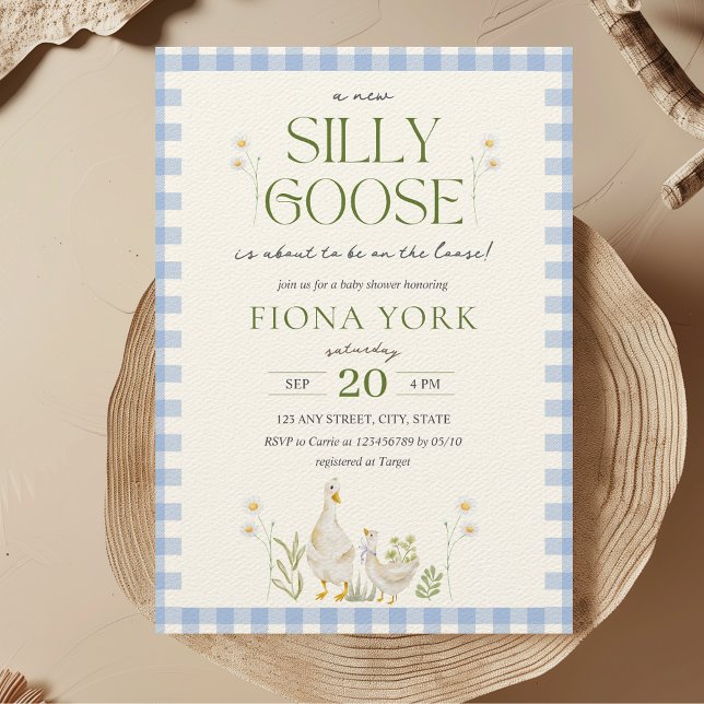 Invitación Silly Goose Watercolor Boy Baby Shower (Silly Goose On the Loose Boy Baby Shower Invitation Blue Gingham Aesthetic Minimalist)