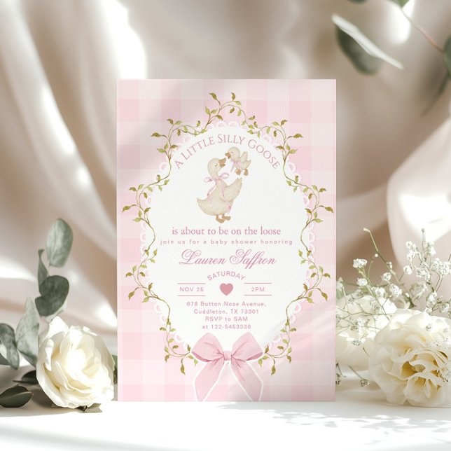 Invitación Silly Goose Whimsical Pink Bow Baby Shower (Subido por el creador)