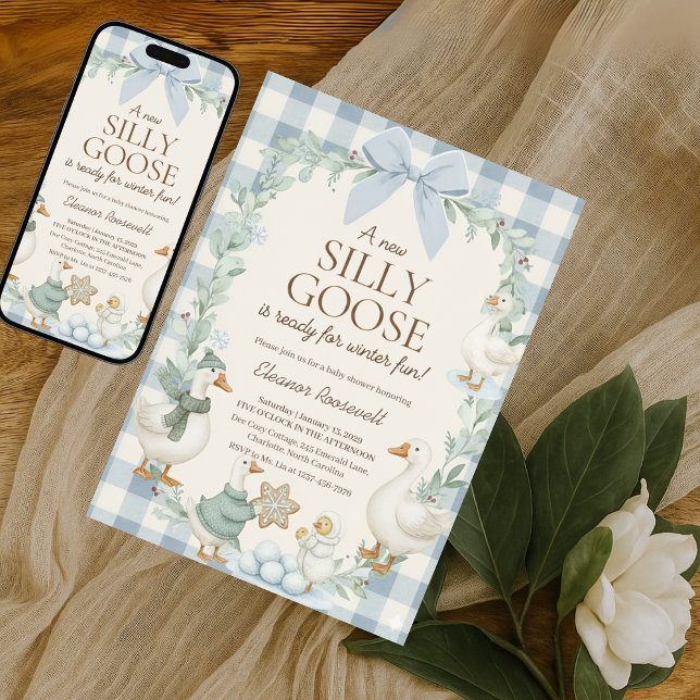 Invitación Silly Goose Winter Baby Shower Blue Gingham  (Subido por el creador)