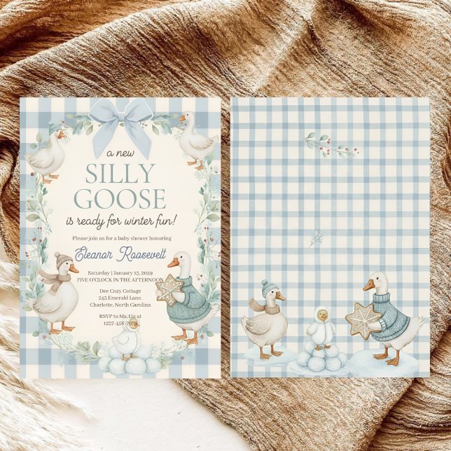 Invitación Silly Goose Winter Blue Plaid Baby Shower (Subido por el creador)