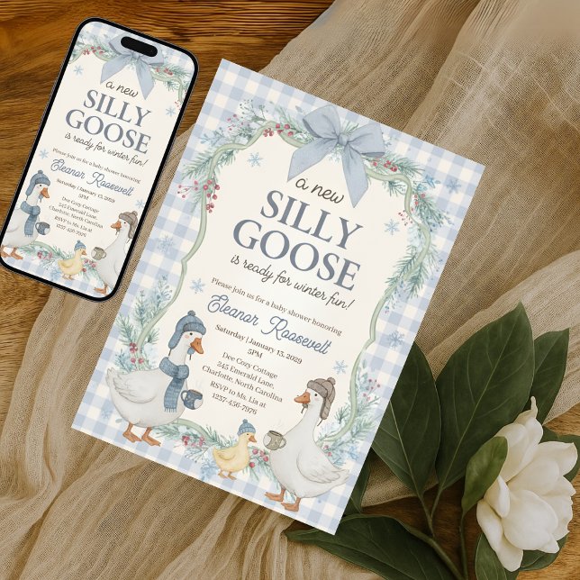 Invitación Silly Goose Winter Blue Plaid Gingham Baby Shower (Subido por el creador)