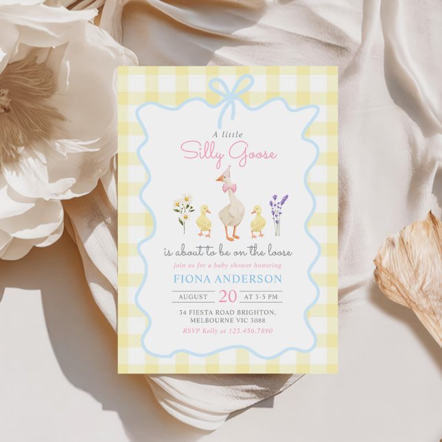 Invitación Silly Goose Yellow Gingham Bow Duck Baby Shower (Subido por el creador)