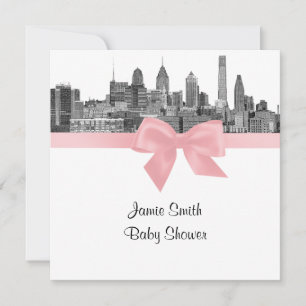 Invitación Silueta de Filadelfia Grabado BW Rosa Baby Shower