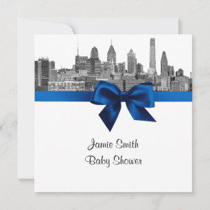 Invitación Silueta de Filadelfia Grabado BW Royal Blu Baby Sh