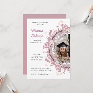 Invitación Silueta de graduada femenina rosa moderna con bord