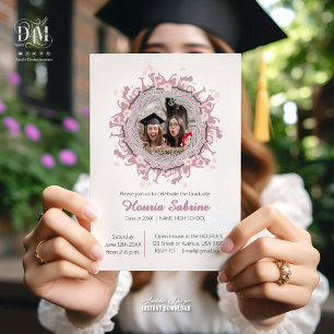 Invitación Silueta de graduada femenina rosa moderna con bord