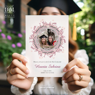 Invitación Silueta de graduada femenina rosa moderna con bord