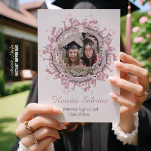 Invitación Silueta de graduada femenina rosa moderna con bord