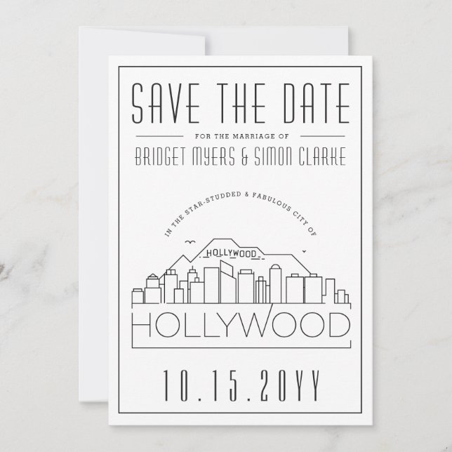 Invitación Silueta de Hollywood Estilizada Guardar la Fecha (Anverso)