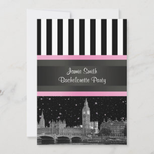 Invitación Silueta de Londres BW Negro Blanco Raya Rosa Despe