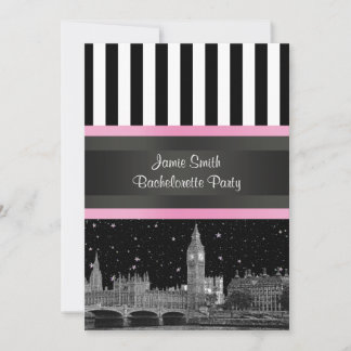 Invitación Silueta de Londres BW Negro Blanco Raya Rosa Despe