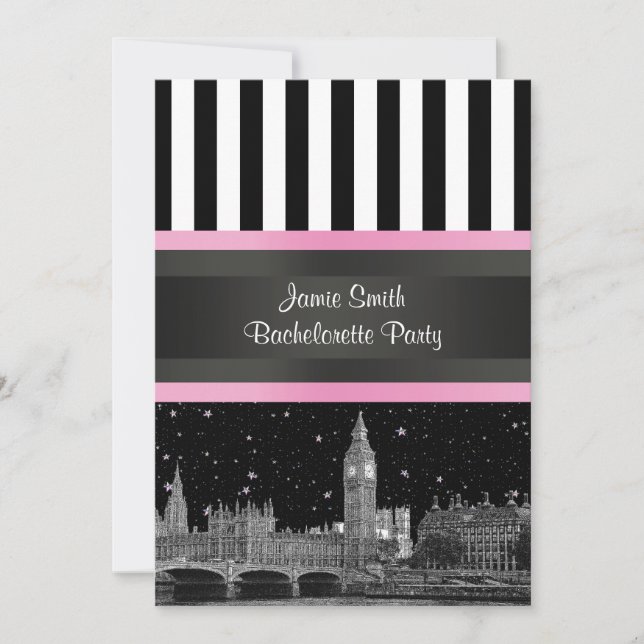 Invitación Silueta de Londres BW Negro Blanco Raya Rosa Despe (Anverso)