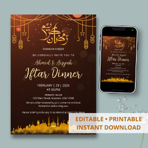 Invitación Silueta de mezquita Iftar cálido ámbar y dorado
