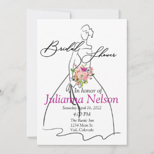 Invitación Silueta de novia y lluvia de boda floral rosa
