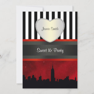 Invitación Silueta de NYC Cielo Rojo Blk Wh Franja P Dulce 16