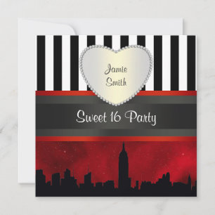 Invitación Silueta de NYC cielo rojo cielo negro blanco raya 
