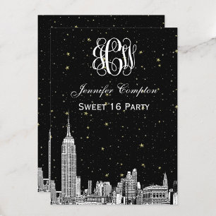 Invitación Silueta de NYC Grabado en Estrella Fuente de Vid D