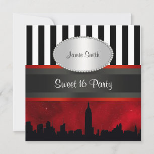 Invitación Silueta de NYC Rojo Cielo Blk Wht Raya P Sweet 16