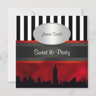 Invitación Silueta de NYC Rojo Cielo Blk Wht Raya P Sweet 16