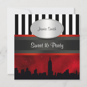 Invitación Silueta de NYC Rojo Cielo Blk Wht Raya P Sweet 16