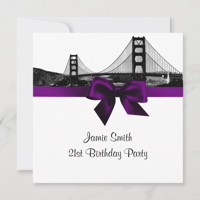 Invitación Silueta de San Fran grabada BW púrpura SQ Cumpleañ (Anverso)