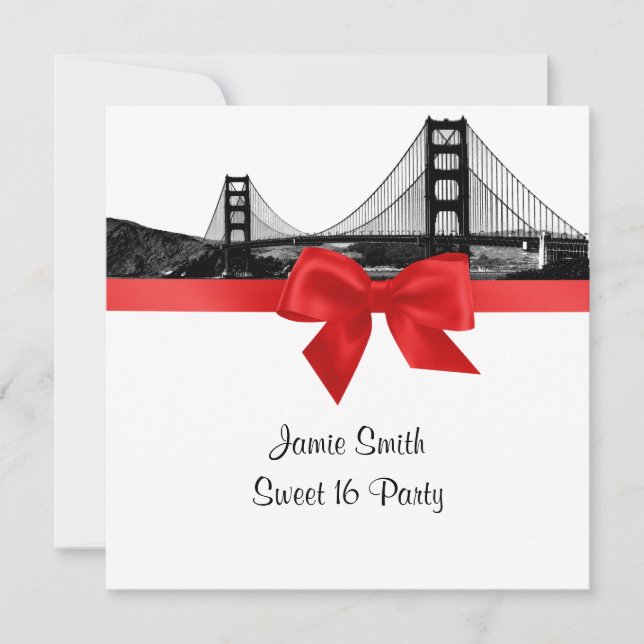 Invitación Silueta de San Fran grabada en BW Rojo Cumpleaños  (Anverso)