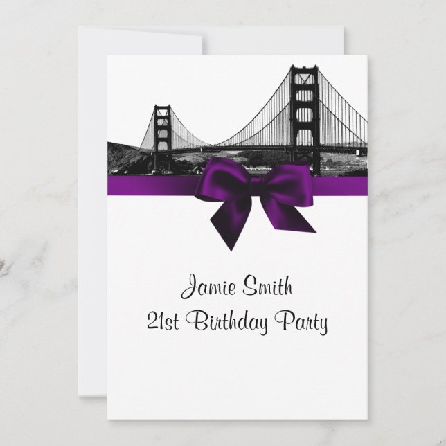 Invitación Silueta de San Fran grabada en negro y púrpura Fie (Anverso)