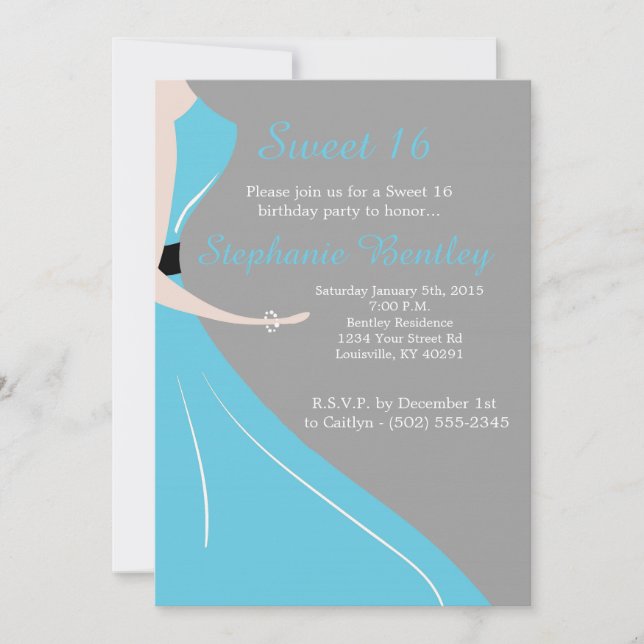 Invitación Silueta de vestir verde azulada dulce 16 cumpleaño (Anverso)