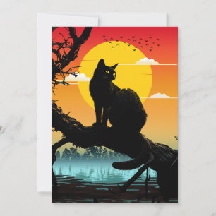 Invitación Silueta del gato y el árbol al atardecer