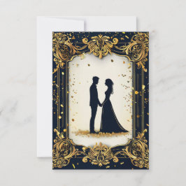 Invitación Silueta elegante de bodas con marco de oro ornado