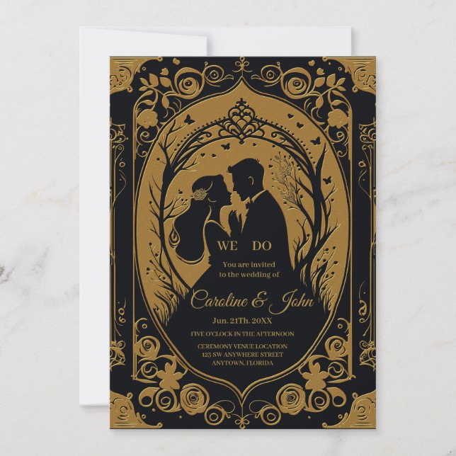 Invitación Silueta elegante de una novia y un novio (Anverso)