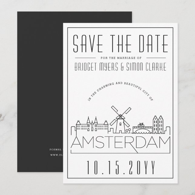 Invitación Silueta Estilizada de Amsterdam para Boda Fecha pa (Anverso / Reverso)