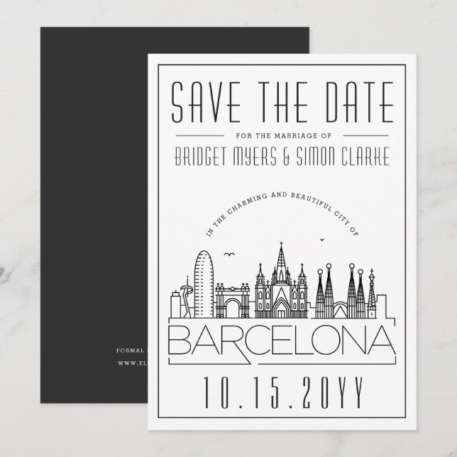 Invitación Silueta estilizada de Barcelona para Save the Date (Anverso / Reverso)