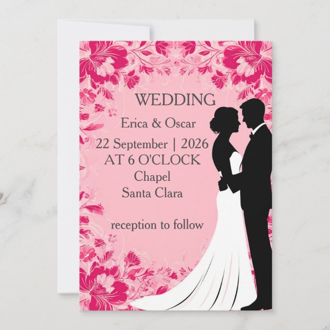 Invitación 🌸 Silueta Floral de Boda con Flores Rosas (Anverso)