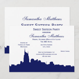 Invitación Silueta Negra de Nashville Dulces 16 Azul