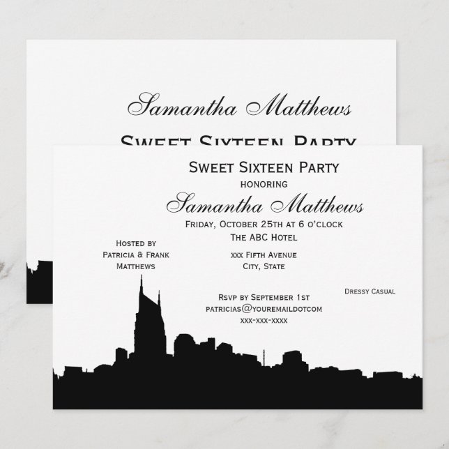 Invitación Silueta Negra de Nashville para Sweet 16 (Anverso / Reverso)